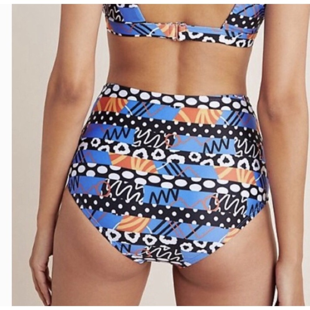 Anthropologie Lysa Seamed Bikini Bottoms Blue Orange Size Medium High Waist Chic - Picture 3 of 16